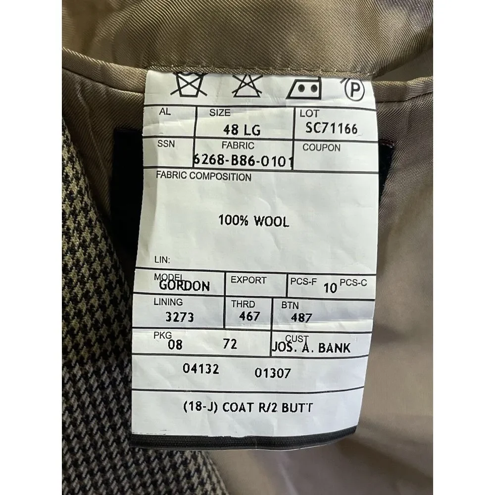 Jos A Bank Sport‎ Coat Jacket Houndstooth Mens 48L Blazer Wool Brown